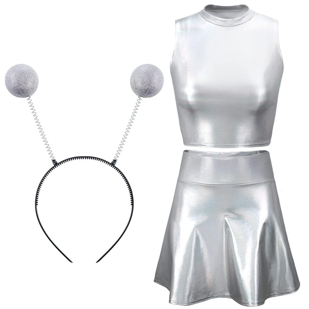 3688 Metallic Top Sleeveless Crop Tank Top Pleated Skirt with Headband